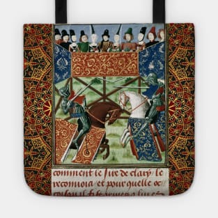 MEDIEVAL TOURNAMENT, FIGHTING KNIGHTS ,DAMSELS RED YELLOW FLORAL Tote