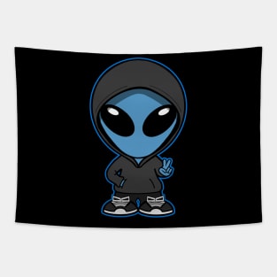 Hooded Space Alien Peace Hand Sign Blue Tapestry