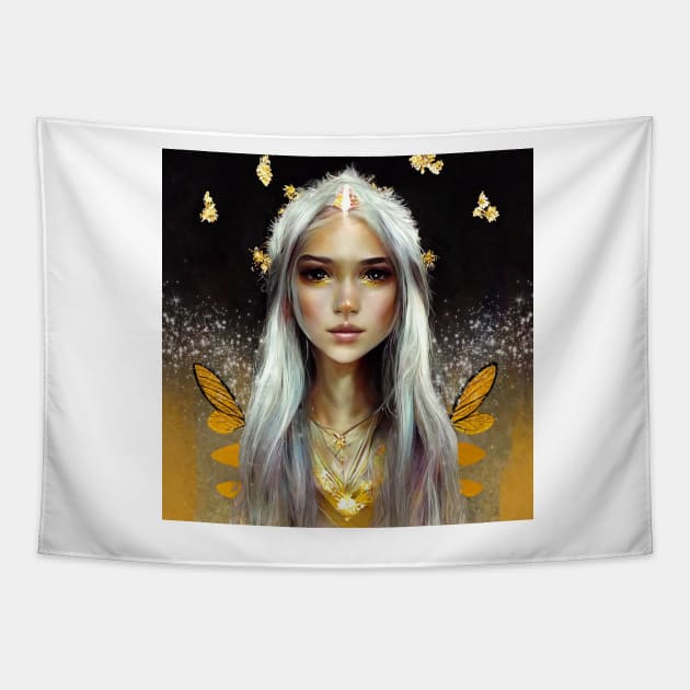 Gold Faerie by Kim Turner Art in MidJourney Tapestry by KimTurner