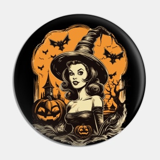 Retro Halloween Witch Girl with Pumpkins and Bats Pin