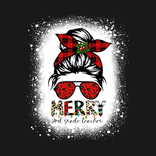 Merry 2nd Grade Teacher Messy Bun Merry Christmas Bleached T-Shirt