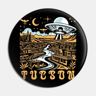 Tucson Arizona Vintage UFO Desert Town Illustration - Retro Extraterrestrial Art Pin