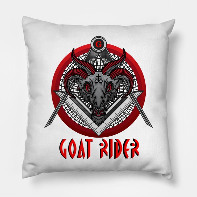 GOAT RIDER Black Baphomet Goat Head over Compass and Square in a Red Circle with a Red G Pillow by hclara23