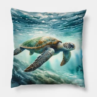 Oceanic Grace: Serene Green Sea Turtle Watercolor Pillow