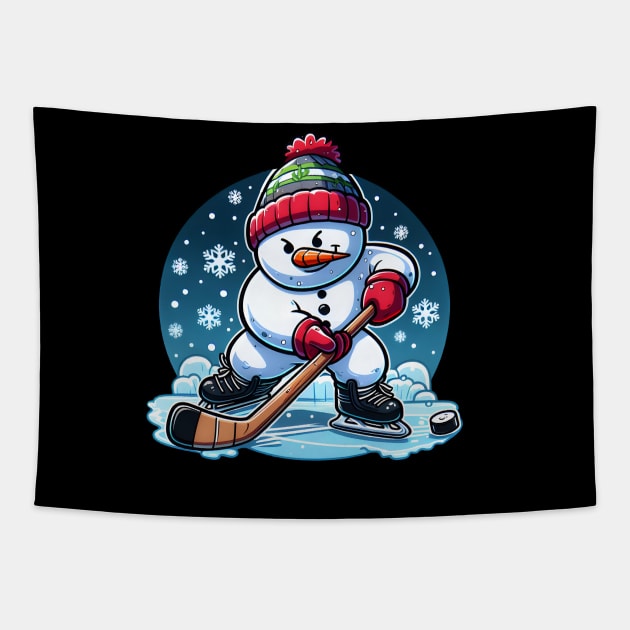 Snowman Ice Hockey - Winter Puck Wizard Tapestry by SergioCoelho_Arts