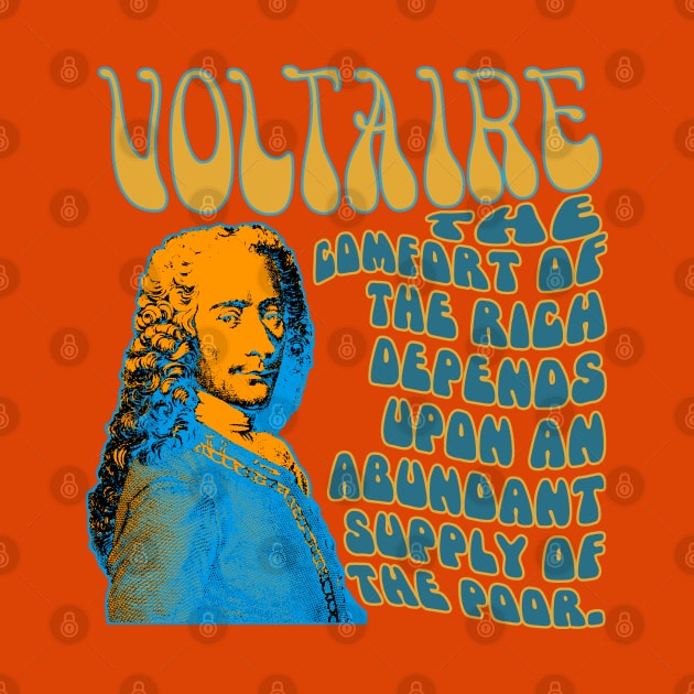Colourful, bold, original design of Voltaire and a quote by The Rag Trade 2021