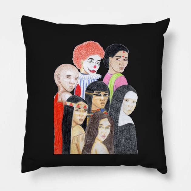 Many Faces, Many Lives- Dark Red Pillow by EarthSoul