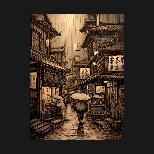 Japanese Traditional City In The Rain Woodblock Engraving Style by entwithanaxe