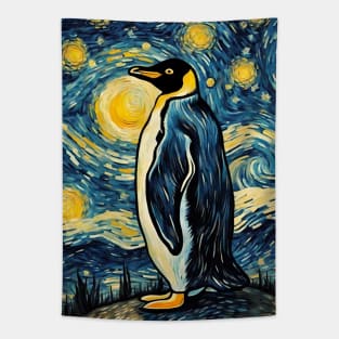 Cute Penguin Animal Painting in a Van Gogh Starry Night Art Style Tapestry