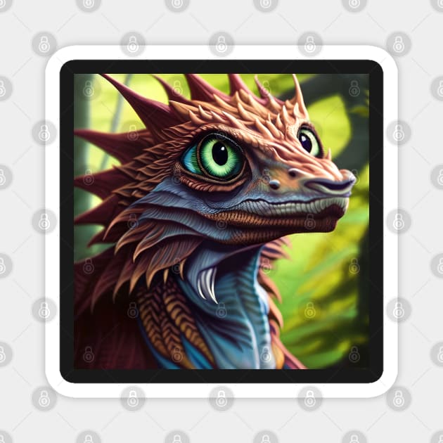 Baby Blue and Red Dragon with Big Green Eyes in Jungle Magnet by dragynrain