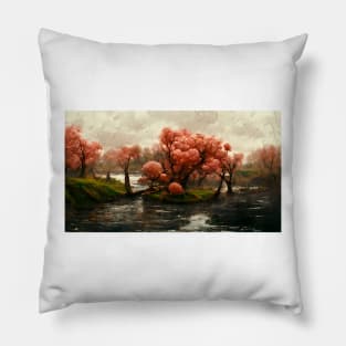 Cherry Blossom Trees Landscape Oil Painting Pillow