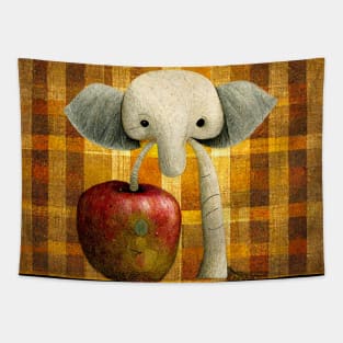 An Elephant with an apple on a plaid background. Tapestry