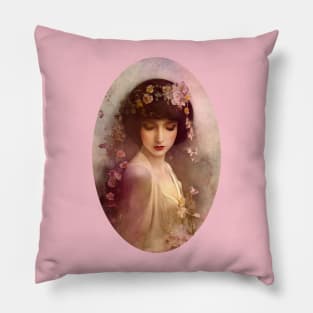 Vintage Style Portrait of Beautiful Woman with Flowers Pillow