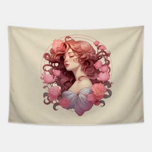 A Bouquet of Peonies - Beautiful Woman, Mucha, Art Nouveau Tapestry