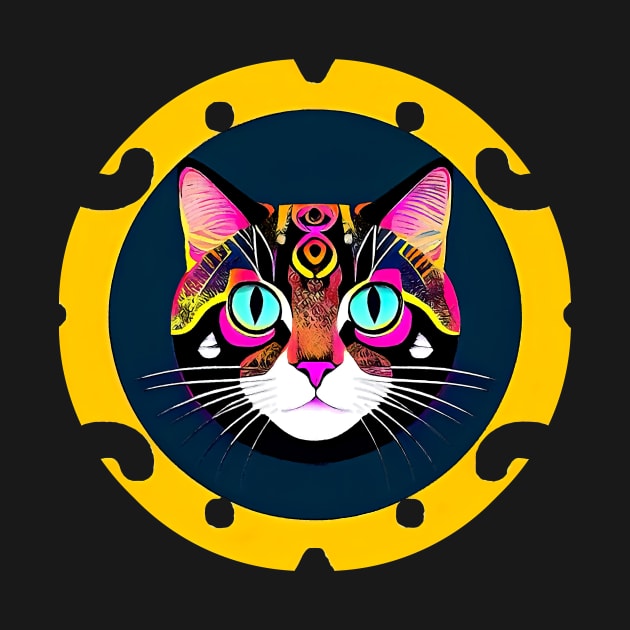 Portrait Of A Hippie Cat Face. Decorative Round Geometric Frame by funfun