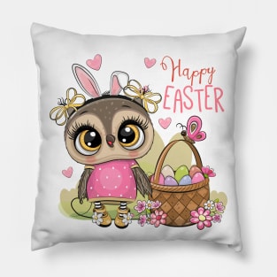 Easter print. Cute fashionable owl next to a basket of eggs. Pillow