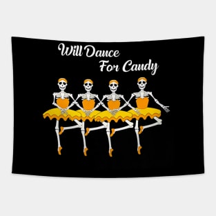 Will Dance for Candy Dancing Skeleton Halloween Squad Girl Tapestry