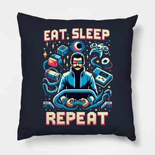 EAT SLEEP GAME REPEAT in futurustic style Pillow