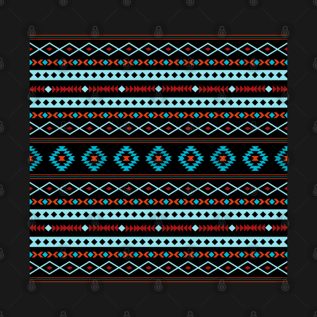 Aztec Blues Reds Black Mixed Motifs Pattern by NataliePaskell