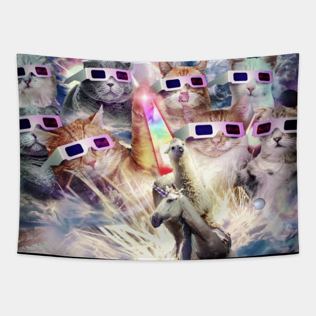 Rainbow Laser Cat With Llama On Unicorn In Space Tapestry by Random Galaxy