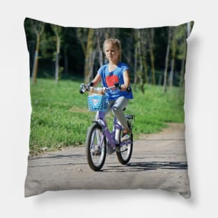 Child Little Girl Bicycling Pillow