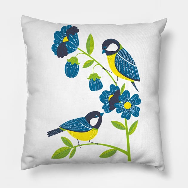 great tit on blue bells flowers Pillow by Angela Sbandelli Illustration and Design