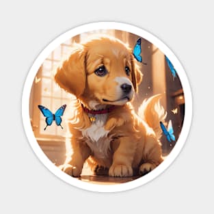 Cute Golden Retriever Puppy Playing With Butterflies Magnet