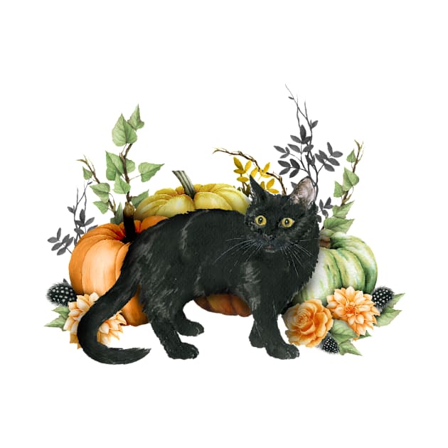 Black Cat Halloween Pumpkin Watercolor by ColorFlowCreations