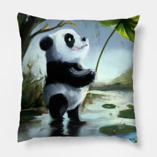 Panda with Leaf Umbrella Pillow