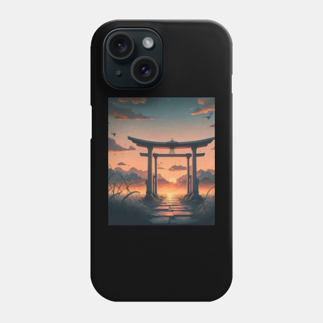 A Japanese Tori Gate view during Sunset - Anime Drawing Phone Case by AnimeVision