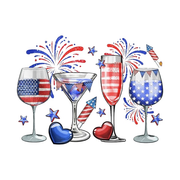 4th Of July Wine Glasses, Independence Day, USA Flag by kumikoatara