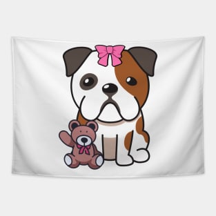 Cute bulldog holds a teddy bear Tapestry