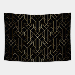 Black and Gold Fine Line Vintage Art Deco Geometric Pattern Tapestry