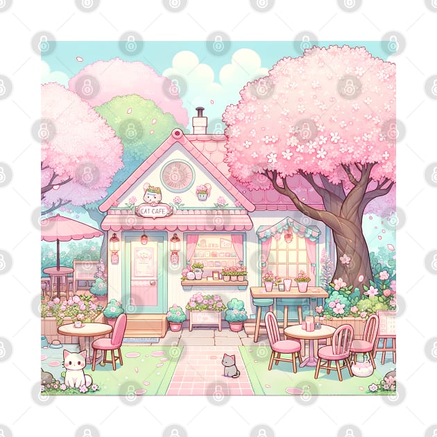 cute cat cafe with pink cherry blossom trees by fleurdesignart