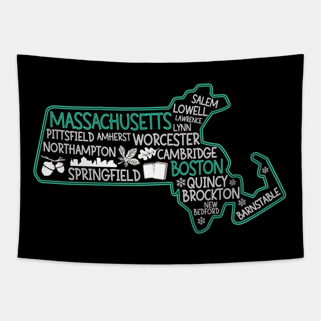 Massachusetts Boston cute map Salem Lowell Lawrence Lynn Worcester Springfield Tapestry by BoogieCreates