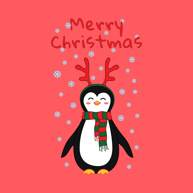 Merry christmas! Penguin with scarf and reindeer antlers. by sziszigraphics