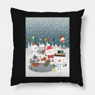 Fun greeting card with Santa and friends having a Christmas party outside Pillow