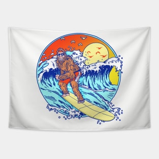 Surfing Bigfoot Funny Beach Sasquatch Surfer Waves Retro 80s Tapestry