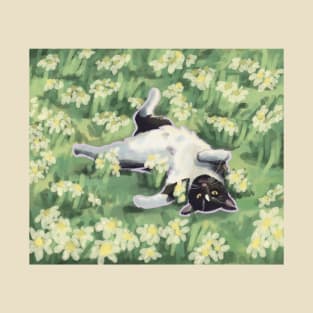 Cute Cat Frolicking in Flower Field T-Shirt