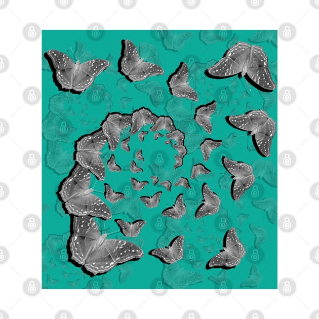 A swirl of gray butterflies on teal background by hereswendy