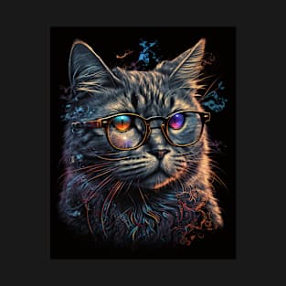 Retro Cat Art Wearing Glasses Splash Abstract Vibe Watercolor Vintage T-Shirt