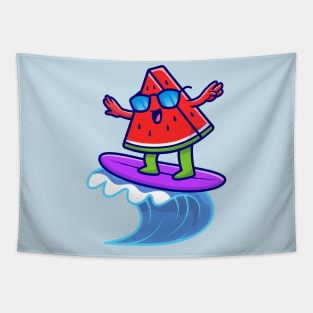 Cute Watermelon Surfing In The Sea Cartoon Tapestry