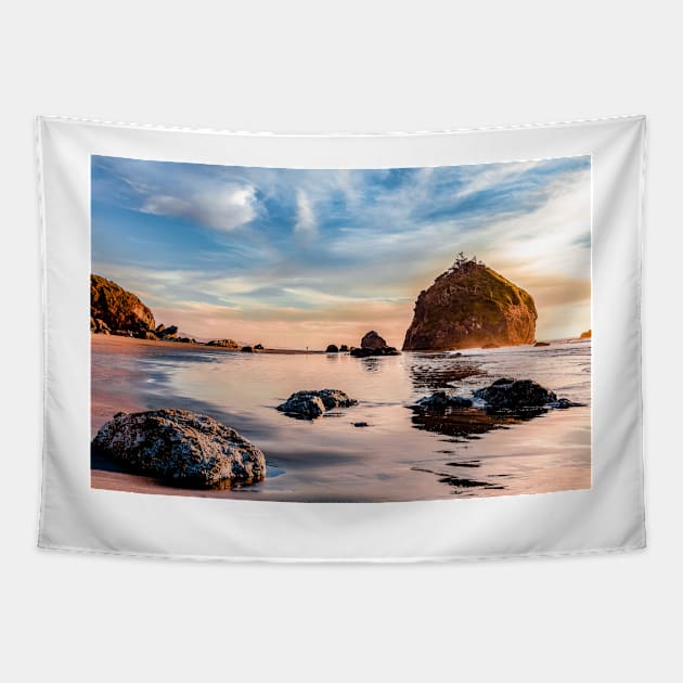 Houda Beach at sunset Tapestry by blossomcophoto