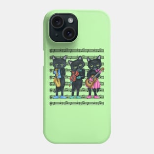 Three Black Cats Playing Musical Instruments on Sheet Music Phone Case