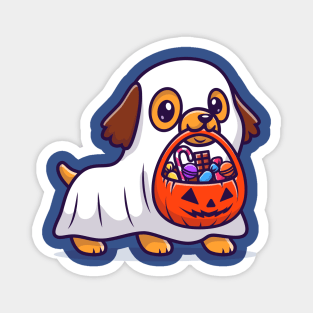 Cute Ghost Dog With Pumpkin Halloween Cartoon Magnet