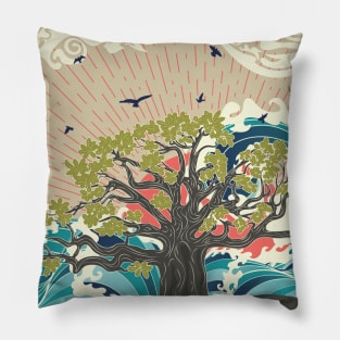 Sunset sea and Baobab tree Pillow