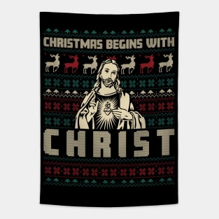 Christmas Begins With Christ Ugly Sweater Pattern Tapestry