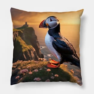 Puffin Animal Bird Wildlife Wilderness Colorful Realistic Illustration Pillow