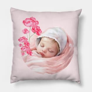 Cute Girl Baby Girl With Pink Wild Flowers . Pillow