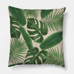 Tropical Green Leaves Pattern on Beige Pillow